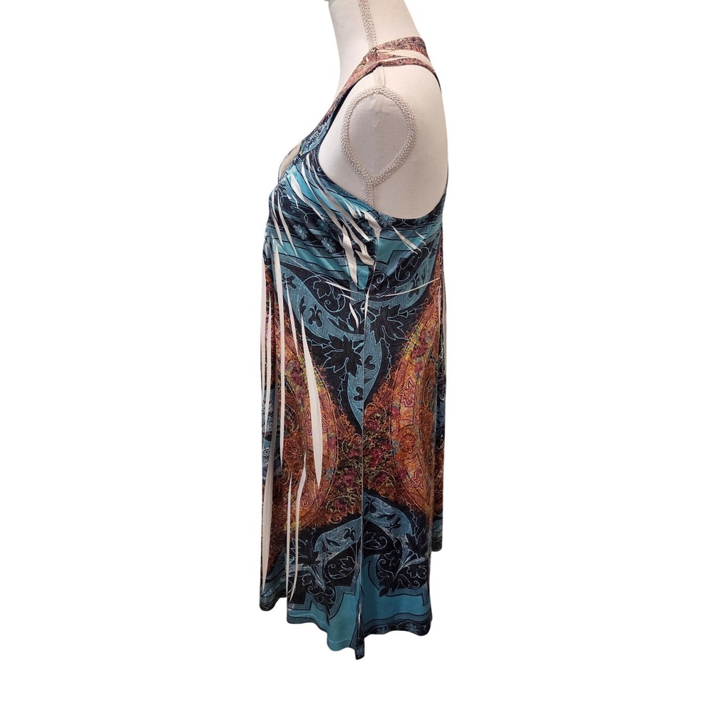One World Paisley Rhinestone V-Neck  Dress‎ Blue Medium Boho Hippie Festival - Picture 3 of 10